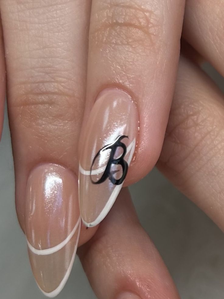 Initial Nails B💞 Nail Initials Design French Tip, J Initials On Nails, Initial B Nails, Initial Nails B, Nails With B Initial, D Initial Nails, Nail Design With Initials, B Initial Nails, Nails With Boyfriends Name