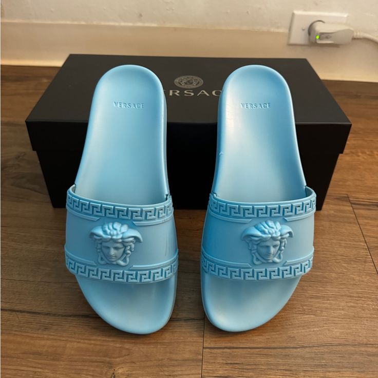 Authentic Versace Pool Slides With Original Box!Purchased From Versace Back In 2021 And Worn A Few Times. Wear Shown In Pictures Above. Retail Right Now Is $220 So Snatch These Up While You Can! Open To Offers Looking To Get These Off My Hands! Versace Blue, Slide Flip Flops, Pool Slide, Versace Shoes, Mens Slides, Medusa Head, Flip Flop Shoes, Versace Men, Pool Slides