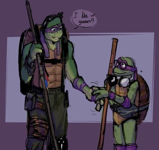 a drawing of two teenage mutant turtles shaking hands with each other in front of a purple background