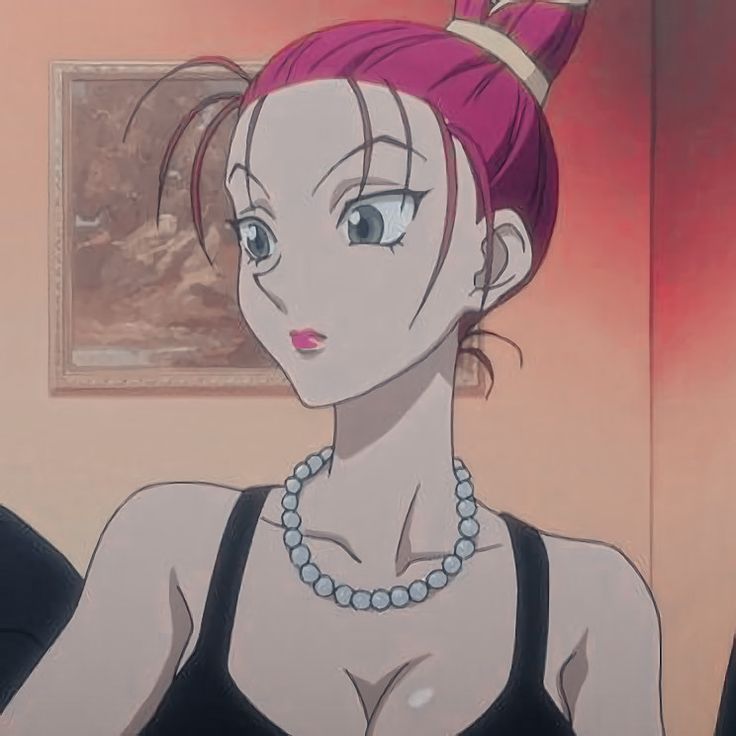 a woman with pink hair wearing a black top and pearls on her necklace, standing in front of a painting