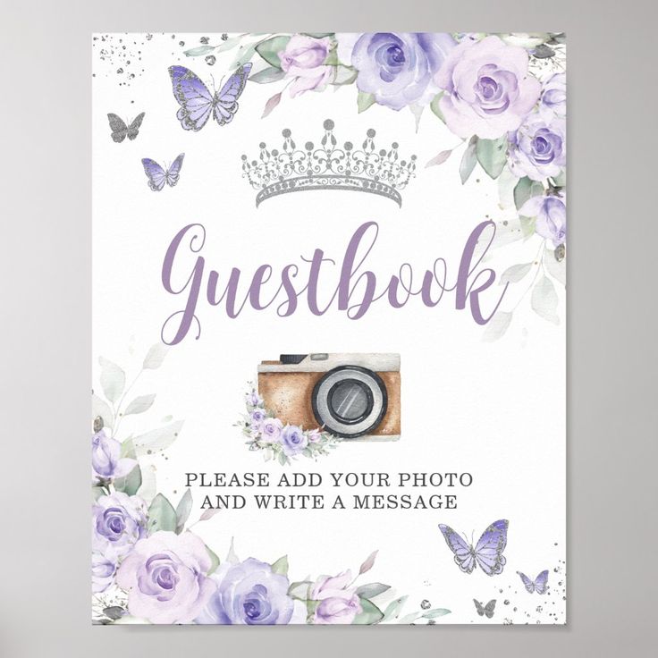 a sign that says guest book with purple flowers and butterflies on it, next to a camera