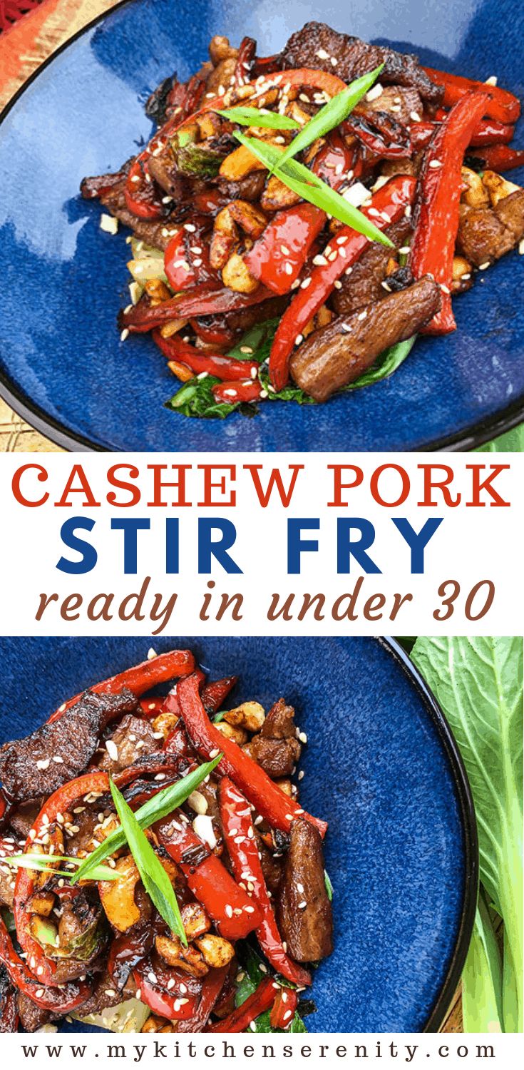 two blue plates with stir fry on them and the title reads cashew pork stir fry ready in under 30 minutes