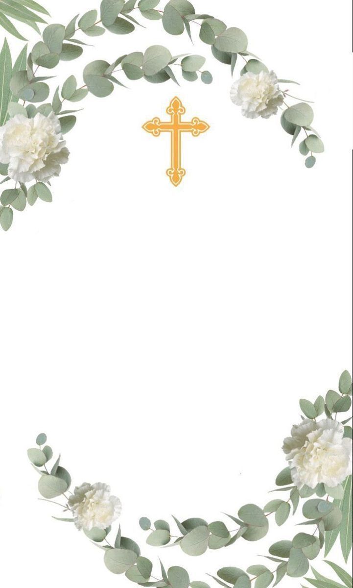 an image of a cross and flowers on a white background with greenery around it