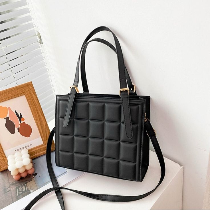 This Handbag Boasts A Versatile Design With A Window Pane Pattern, Allowing It To Be Worn As A Crossbody, Shoulder Strap, Or Carried In The Arm. It Also Includes Detachable Straps And A Convenient Zipper Closure For Easy Access. Measurements: L: 10", H: 8", W: 3.5" Quilted Handbags, Elegant Pattern, Cole Haan Women, Window Pane, Zipped Bag, Yellow Leather, Small Shoulder Bag, Coach Swagger Bag, Square Bag