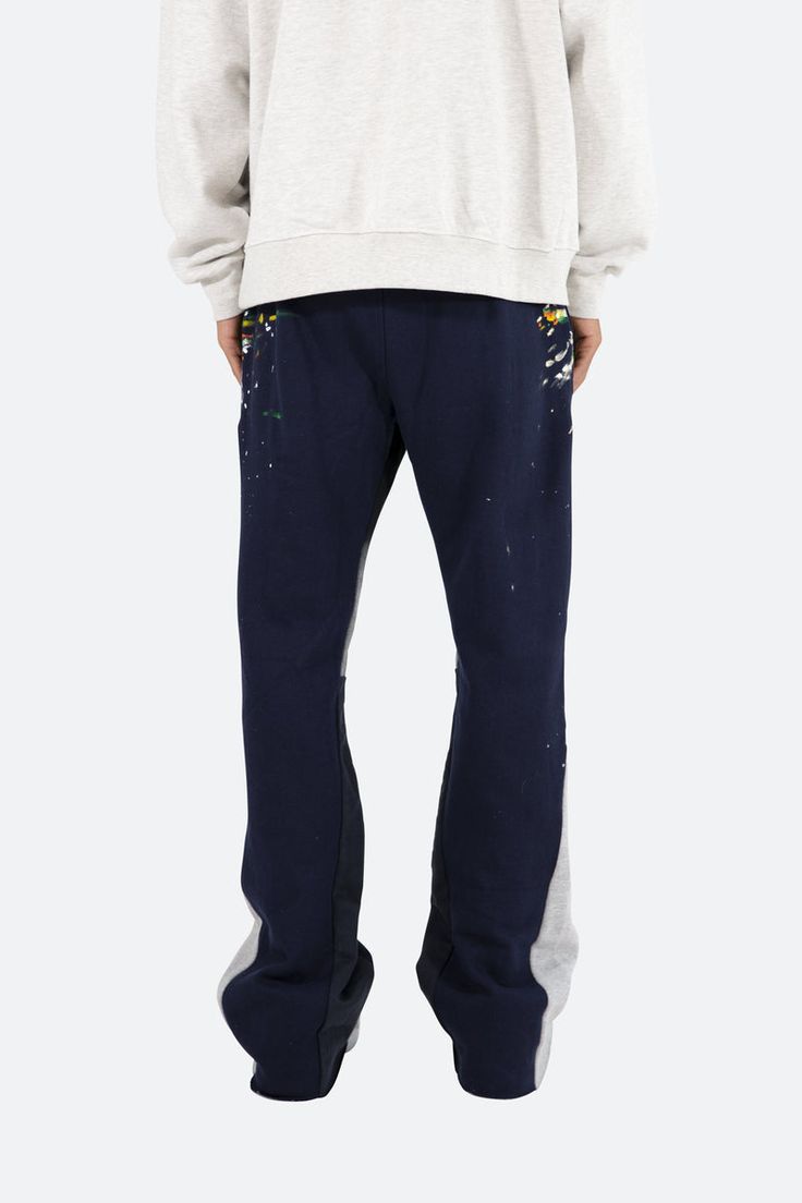 Contrast Bootcut Sweatpants - Navy | mnml | shop now Bootcut Sweatpants, Pale Tan, Denim Cargo Pants, Fuzzy Cardigan, Denim Patches, Mens Style, Denim Flares, Paint Splatter, Grey Hoodie