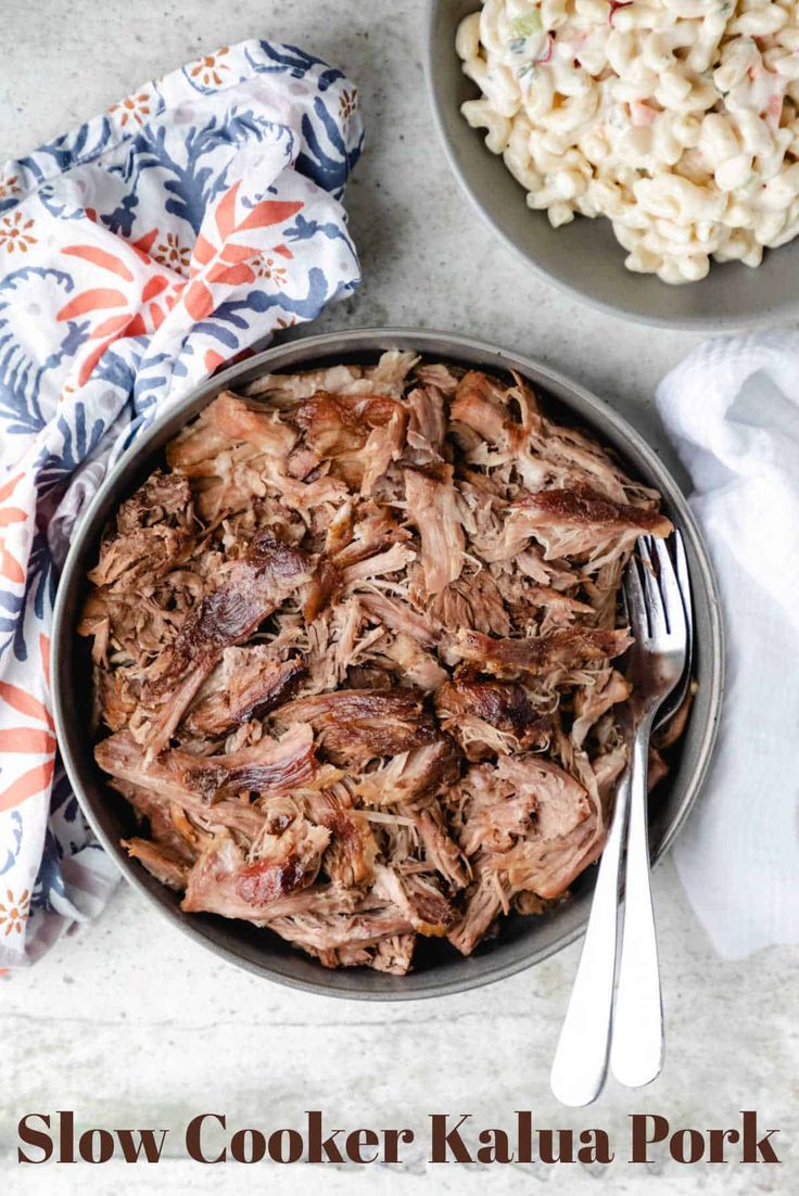 slow cooker kalua pork with macaroni and cheese on the side