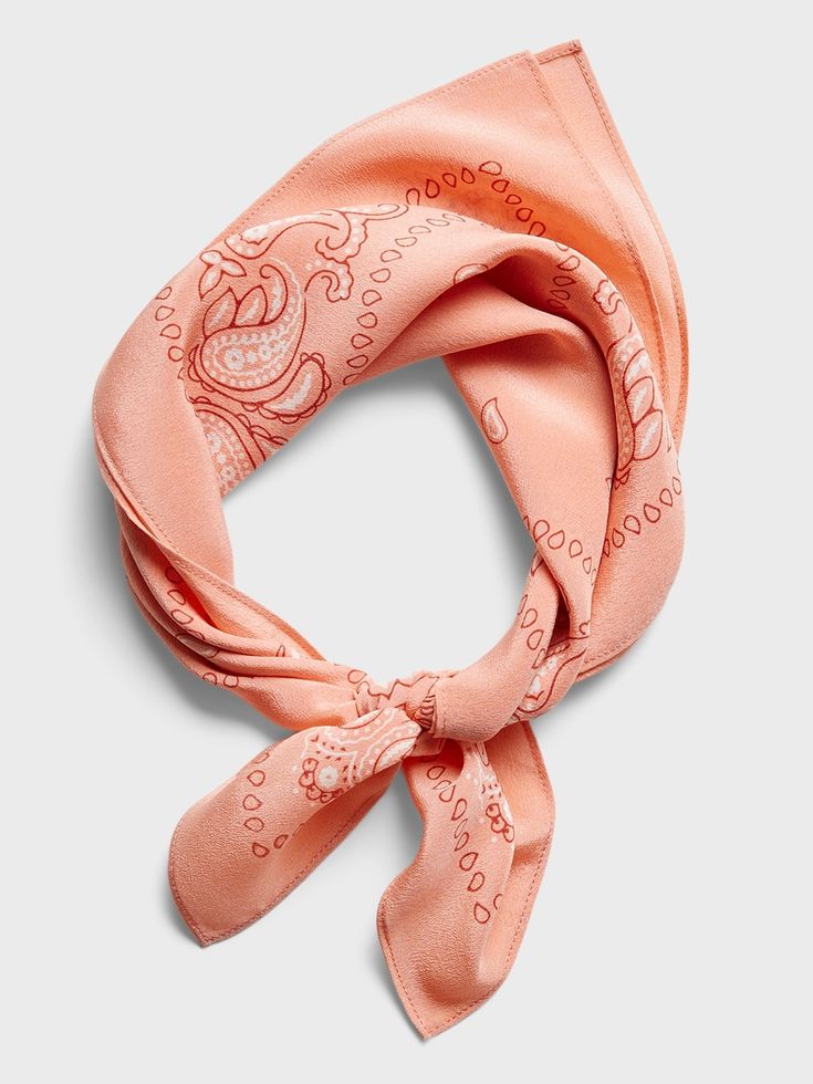 Accent your look with this bandana, made with luxuriously soft silk.  Length: 20" (51cm) Width: 20" (51cm) Elegant Pink Bandana, Trendy Silk Bandana Print Scarf For Spring, Trendy Silk Scarf With Bandana Print For Spring, Trendy Bandana Print Silk Scarf For Spring, Trendy Bandana Print Headscarf For Spring, Elegant Summer Scarves With Bandana Print, Elegant Summer Scarf With Bandana Print, Casual Silk Scarf With Bandana Print For Summer, Spring Bandana Print Silk Scarf