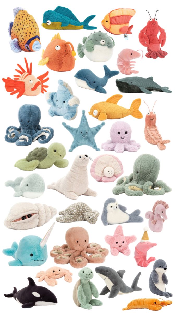 an assortment of stuffed animals and sea creatures