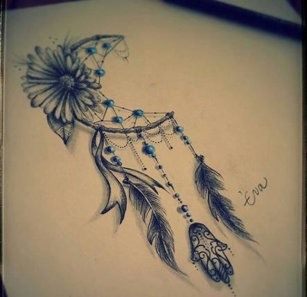 a drawing of a dream catcher with feathers and beads on it's side, next to a flower