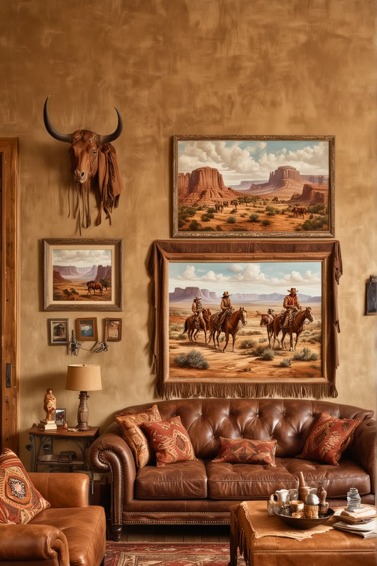 a living room filled with furniture and paintings on the wall above it's couches