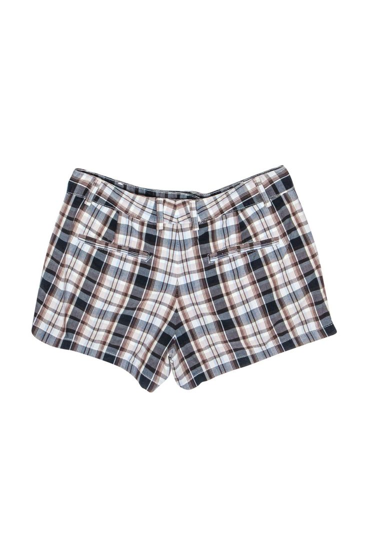 Bring preppy vibes to your summer style with these shorts from Theory! A posh plaid design will add a pop of pattern to any casual outfit. Pair with a plain white tee or wear over your bathing suit for a day at the beach. Size 2 Front zip-up closure w/ top button Unlined Open pockets on front of waist Faux pockets on back Plaid design Waist 30" Inseam 3" Total length 11" Summer Plaid Shorts With Built-in Shorts, Preppy Summer Shorts With Pockets, Plaid Cotton Shorts For The Beach, Trendy Short Plaid Bottoms, Plaid Cotton Shorts For Beach, Preppy High-waisted Shorts For Summer, Summer Preppy High-waisted Shorts, Trendy Plaid Short Bottoms, Plaid Cotton Beach Shorts