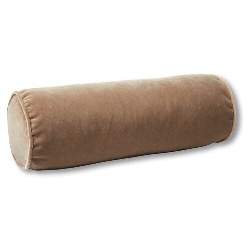 a large brown pillow on a white background with the bottom half rolled up and one side folded down