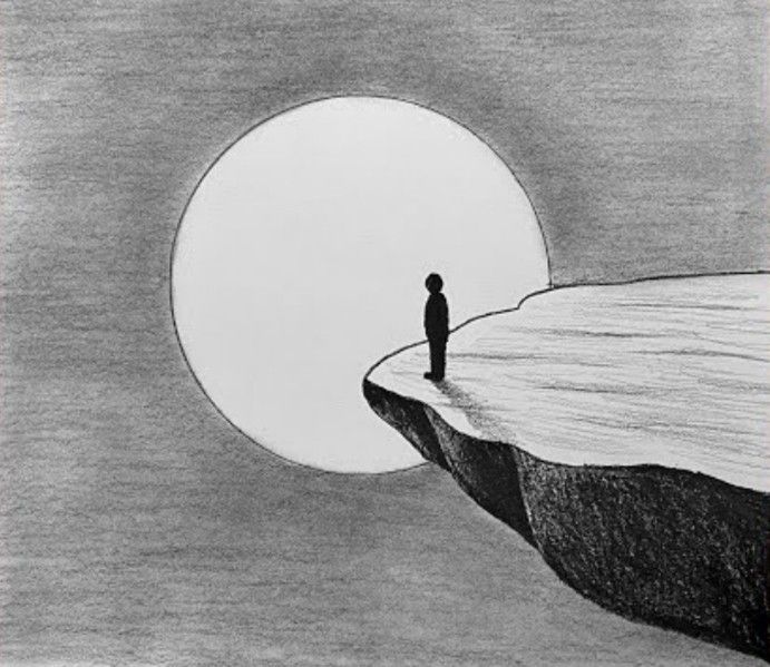 a drawing of a man standing on top of a cliff looking out at the ocean