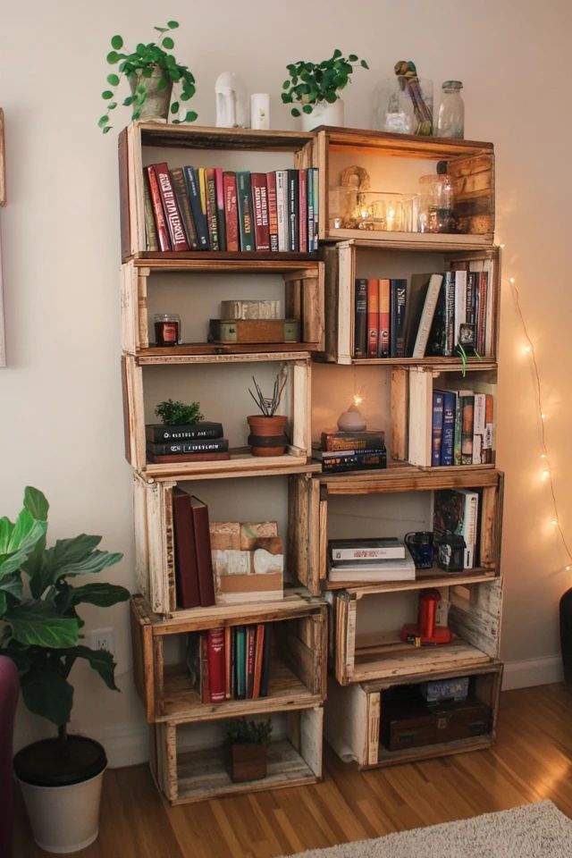 a bookshelf filled with lots of books next to a potted plant