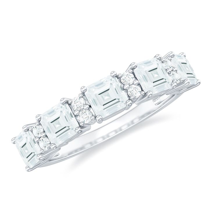 Asscher and Round Cut Moissanite Half Eternity Band Ring - Rosec Jewels White Eternity Band With Prong Setting For Promise, Dazzling White Eternity Band With Vs Clarity, White Emerald Cut Eternity Band With Brilliant Cut, Elegant White Emerald Cut Eternity Band, White Eternity Band With Diamond Accents And Baguette Cut, White Baguette Cut Eternity Band With Diamond Accents, Timeless White Cubic Zirconia Eternity Band, White Diamond Ring Vvs Clarity Asscher Cut, White Diamond Ring With Half Eternity For Formal Events