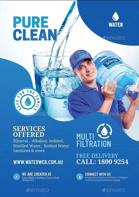 a water company flyer template with a man holding a bottle and pouring water into it