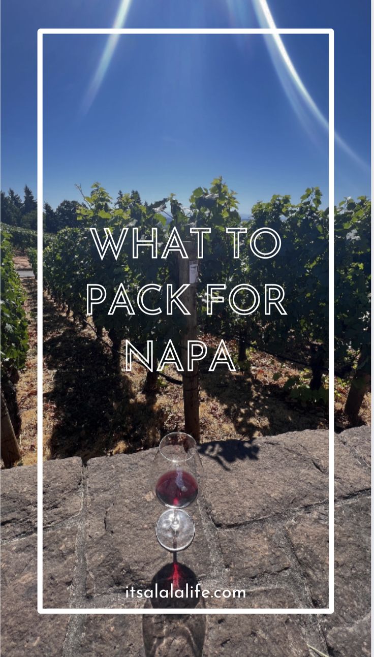 a wine glass sitting on top of a rock with the words what to pack for napa