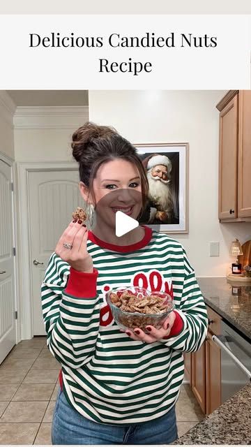 a woman is holding a bowl of food in her hands and the words delicious candied nuts recipe