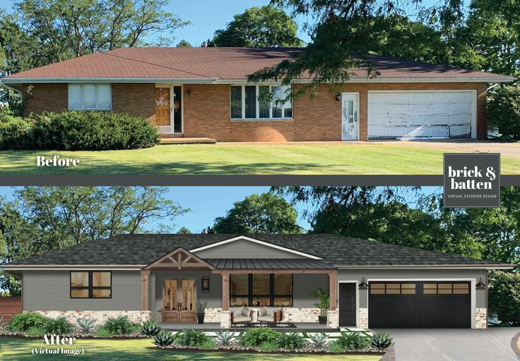 before and after pictures of a house in the front yard with garage doors on both sides