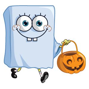 a cartoon character holding a trick bag with eyes on it's face and smiling