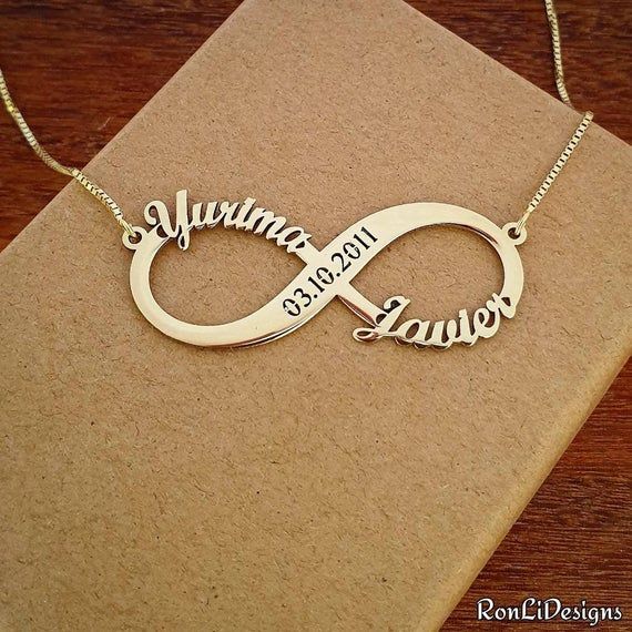 🌸 What a wonderful gift for your special someone! A unique way to promise eternal love! RonLiDesigns Endless Infinity is hand made for you! 14k solid yellow gold pendant and chain. The Infinity friendship Necklace is a great gift for your loved ones! 🌸 All 14k solid yellow gold pendant and chain. 🌸 Order any 2 names for your personalized, custom made, Infinity Name Necklace!🌸 Choose your chain length from the above menu and don't forget to send me a message with the names in the order and lo Infinity Name Necklace For Anniversary Gift, Gold Infinity Jewelry With Name, Elegant Infinity Customized Name Necklace, Infinity Name Necklace For Personalized Gift, Gold Infinity Name Necklace As Personalized Gift, Nameplate Necklace Gold, Wedding Card Frames, Anniversary Necklace, Delicate Gold Necklace