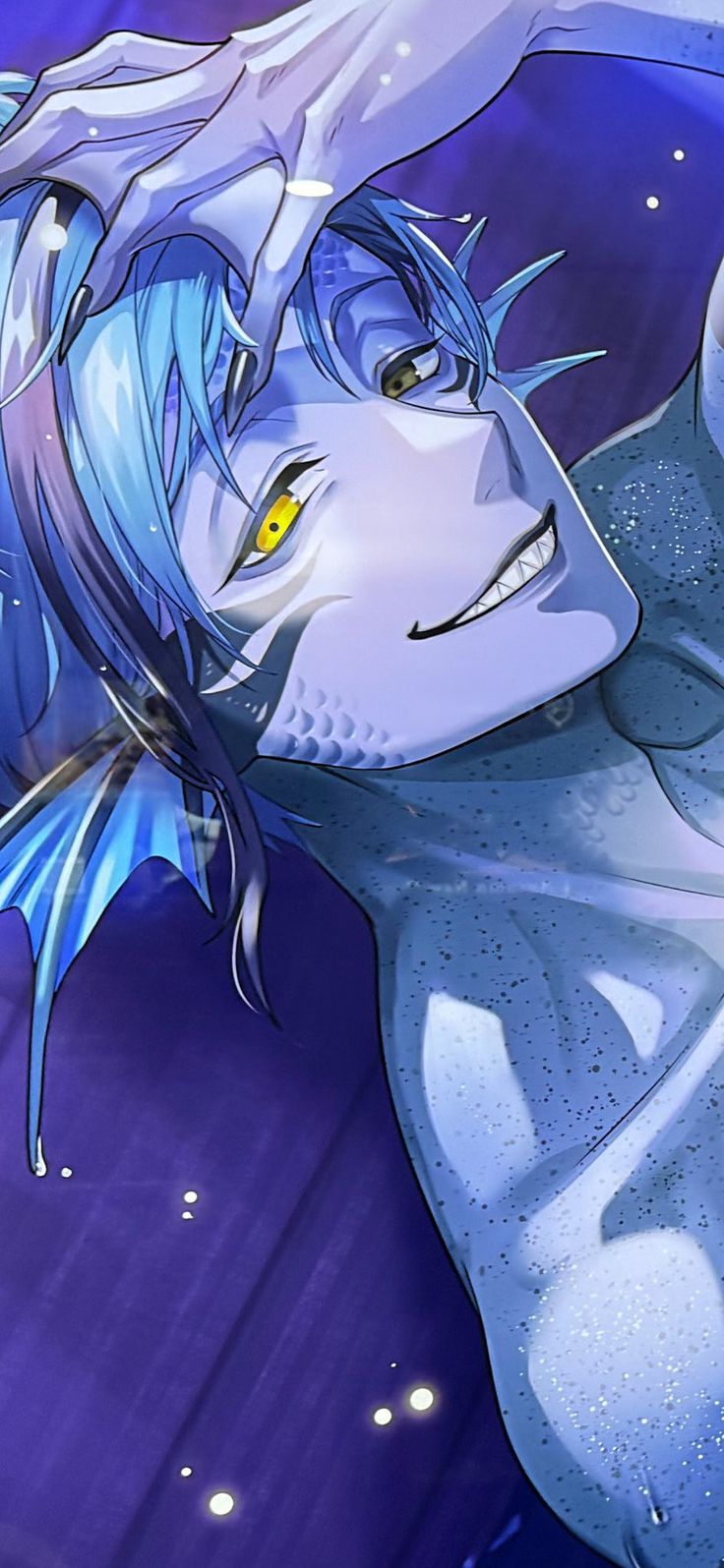 an anime character with blue hair and yellow eyes looking at something in the air above his head