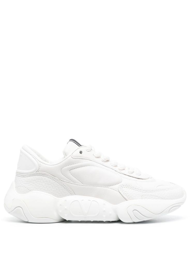 white calf leather VLogo Signature logo patch at the tongue panelled design round toe front lace-up fastening chunky rubber sole Valentino Garavani Sneakers, Valentino Sneakers, Sole Sneakers, Print Sneakers, Leather Trainers, Signature Logo, Online Shopping Clothes, Sneakers White, Leather Sneakers