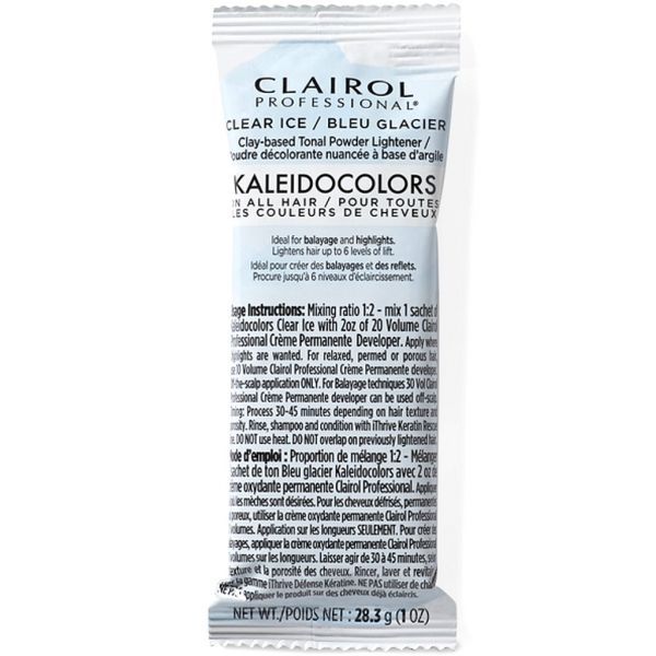 Clairol Kaleidocolors Tonal Powder Lightener - Clear Ice 1 oz
• Ideal for balayage and highlights• Lightens hair up to 6 levels• Lightener for all hair colors
Clairol Professional(R) Kaleidocolors Clear Ice is a clay-based tonal powder lightener for use on all hair colors. Ideal for balayage and highlights. Lightens hair up to 6 levels. MIXING RATIO: 1:2 with 20 Vol Clairol Professional(R) Crème Permanente Developer DO NOT USE HEAT.
Usage Instructions: Mixing ratio 1:2 - mix 1oz of Kaleidocolors Clear Ice with 2oz of 20 Volume Clairol Professional Crème Permanente Developer. Apply where highlights are wanted. For relaxed, permed or porous hair, use 10 Volume Clairol Professional Crème Permanente developer. Off-the-scalp application ONLY. For Balayage techniques 30 Vol Clairol Professional Balayage And Highlights, All Hair Colors, Hair Color Removers, Porous Hair, Hair Dryer Comb, Beard Wax, Hair Color Remover, Barber Razor, Balayage Technique