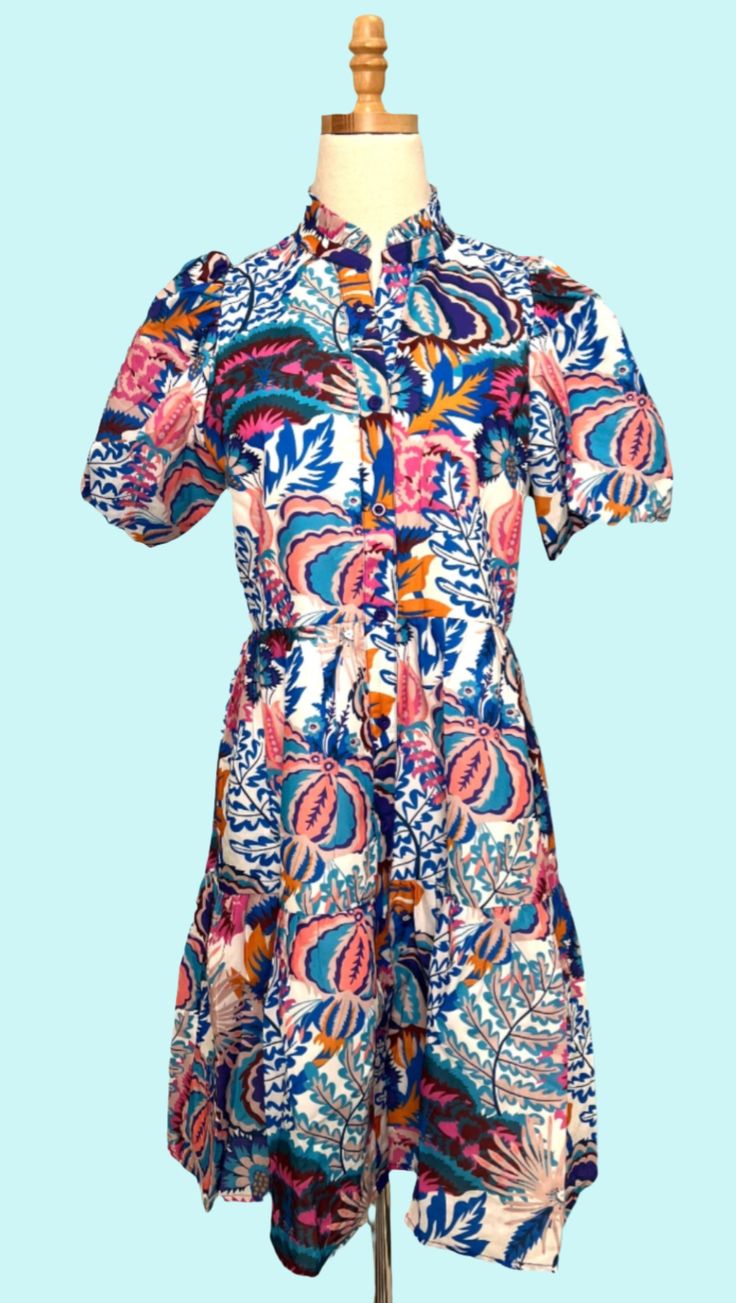 Puff sleeves printed dress -lined -lightweight -non-sheer -Fabric content - 100% polyester -Machine wash cold / Tumble dry low -Colors may vary from different viewing devices. Multicolor Floral Print Mini Dress With Puff Sleeves, Blue Summer Dress With All Over Print, Summer Blue Dress With All Over Print, Floral Print Puff Sleeve Dress For Vacation, Casual Puff Sleeve Dress With Floral Print For Beach, Multicolor Floral Print Puff Sleeve Knee-length Dress, Multicolor Floral Print Knee-length Puff Sleeve Dress, Multicolor Knee-length Puff Sleeve Dress With Floral Print, Flowy Puff Sleeve Vacation Dress