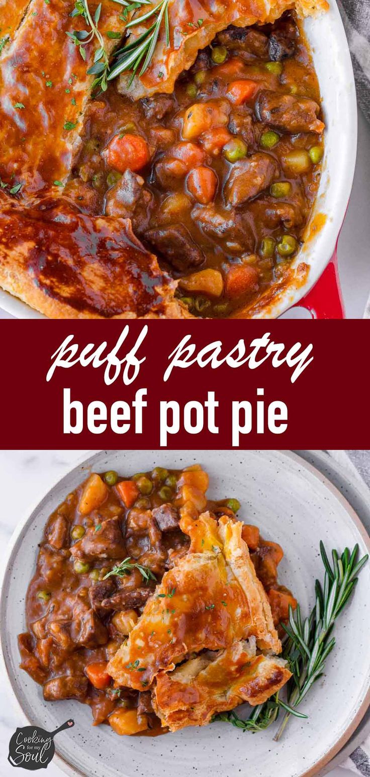 beef pot pie on a white plate with rosemary garnish and text overlay that reads, puffy pastry beef pot pie