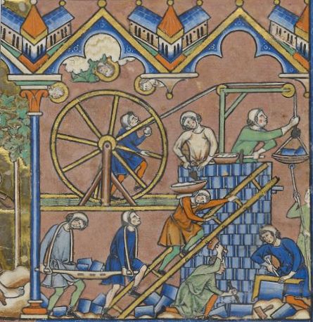 an illustration of people working on a spinning wheel in a medieval style tile wall hanging