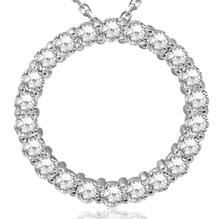 This circle eternity pendant features 22 round brilliant cut diamonds.  All diamonds are prong set in 14k white gold.  5.00ct total diamond weight.  Includes 18" 14k white gold clasp lock chain. Round Cut Diamond Necklace With Pave Setting, White Diamond Necklace With Pave Setting, Round Cut, White Round Diamond Necklace With Accents, White Platinum Round Diamond Necklace, Platinum Diamond Necklace With Diamond Accents, Platinum Single Cut Diamond Necklace, Platinum Diamond White Round Diamond Necklace, White Round Platinum Diamond Necklace, White Gold Diamond Full Circle Jewelry