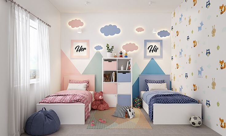 a child's bedroom decorated in pastel colors, with two beds and toys