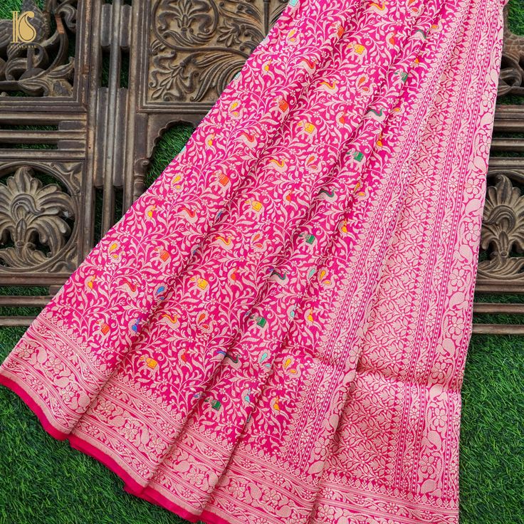 Brilliant Rose Handloom Katan Silk Banarasi Shikargah Saree - Khinkhwab Transitional Banarasi Silk Pre-draped Saree, Ceremonial Pink Raw Silk Dupatta, Traditional Raw Silk Pre-draped Saree For Ceremonies, Semi-stitched Silk Saree With Traditional Patterns, Ceremonial Silk Saree With Cutdana, Ceremonial Unstitched Tussar Silk Traditional Wear, Ceremonial Pink Tussar Silk Dupatta, Pink Tussar Silk Dupatta For Ceremonial Occasions, Transitional Pre-draped Saree In Paithani Silk With Motifs