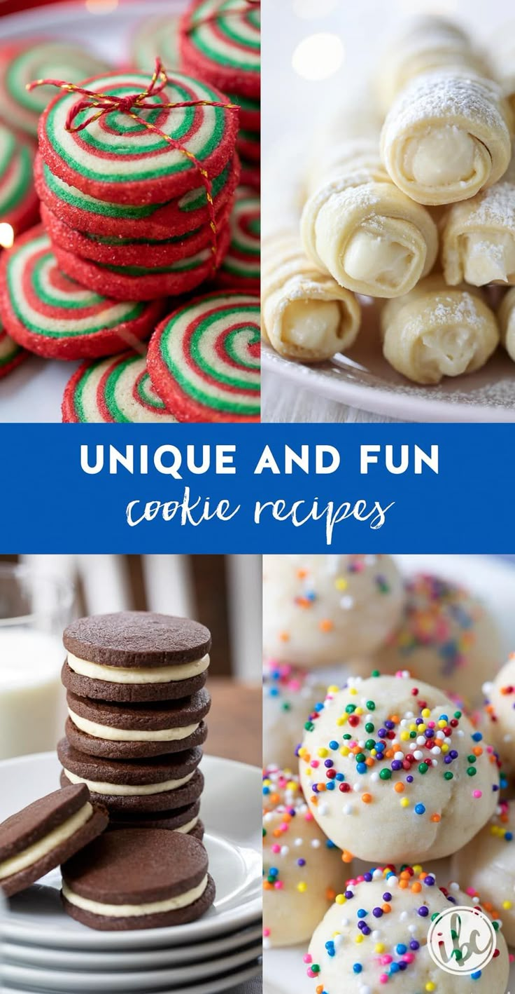 various cookies and desserts on plates with the words unique and fun cookie recipes