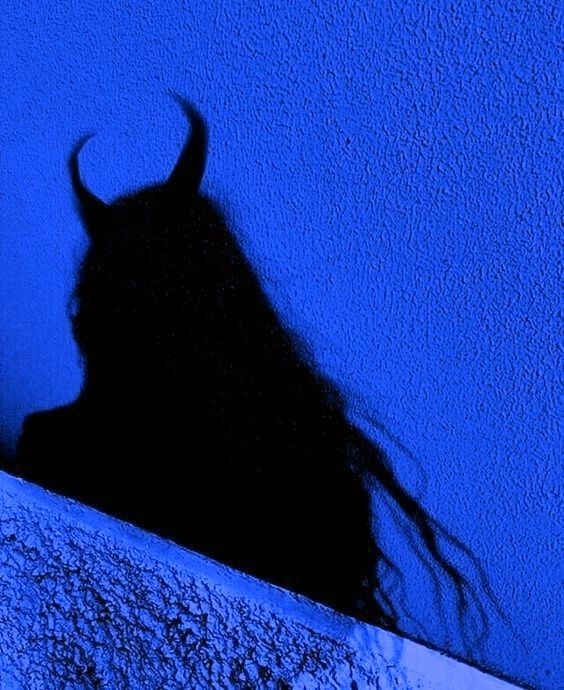 the shadow of a woman's head against a blue wall with long, curly hair