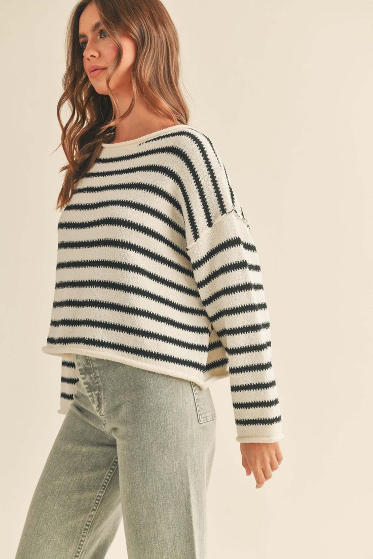 Amara Stripe Sweater-Sweaters-Vixen Collection Striped Tops, White Striped Sweater, Boxy Sweater, Striped Pullover, Curvy Jeans, Striped Sweater, Striped Knit, Sweater Weather, Cropped Sweater