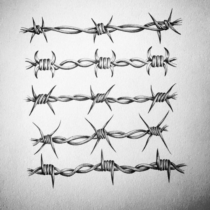 barbed wire is shown in four different positions on a white paper background with black ink