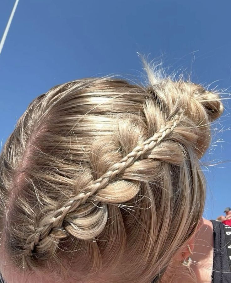 Two Dutch Braids Into One Braid, 2 Braid Bun Hairstyles, Sporty Bun Hairstyles, Two Braids Into Two Buns, Sports Updos, Small Braided Hairstyles, Braid Into Bun Hairstyles, Braid And Bun Hairstyles, Hairstyles For Game Day