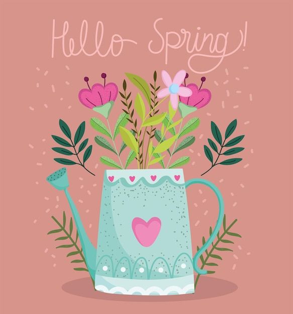 a watering can with flowers in it and the words hello spring written on top of it