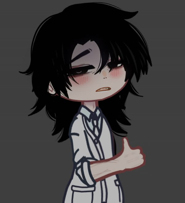 an anime character with black hair and white shirt holding his hand up to the side