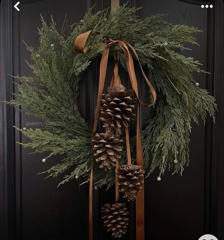 a wreath with pine cones and ribbons hanging from it's side on a door