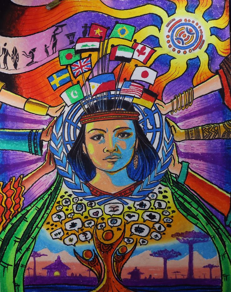 a painting of a woman with many flags on her head