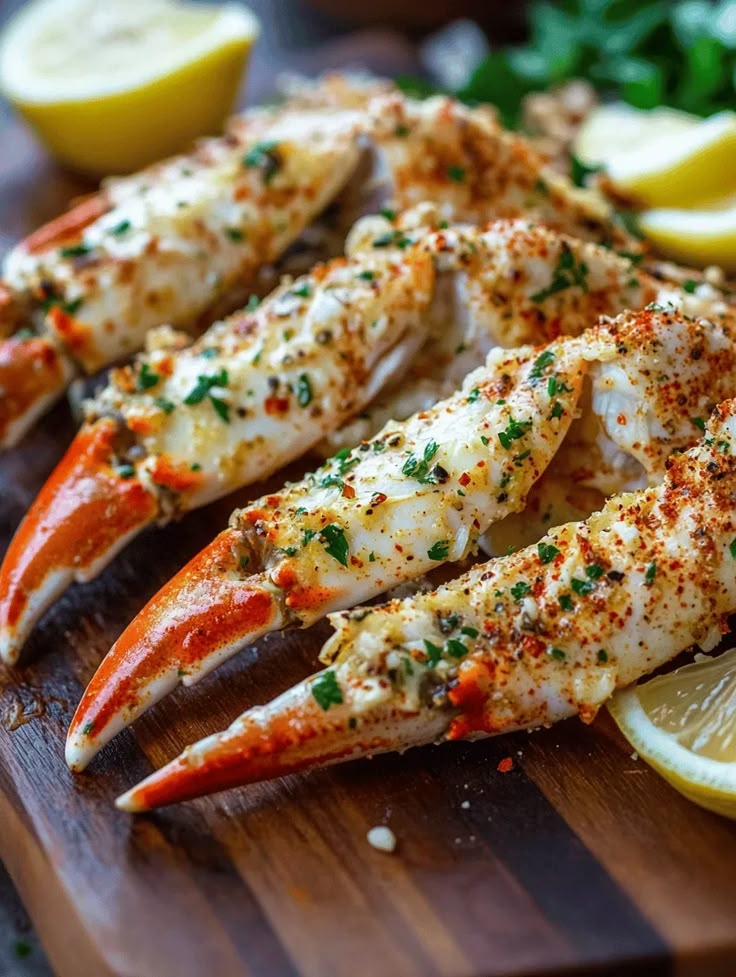 crab legs with lemon wedges and parsley on a cutting board