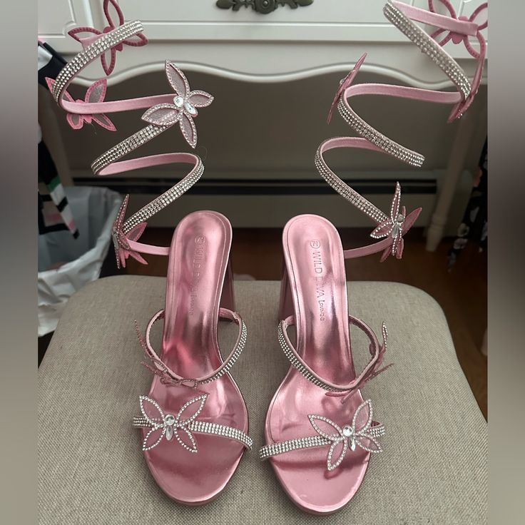 Brand New And Never Been Wore Pink Heels Pink Hoco Heels, Pink Quinceanera High Heels, Pink Birthday Heels, Pink Heels Quinceanera, Quinceanera High Heels, Quince Heels Pink, Pink Quinceanera Shoes, Spring High Heels With Rhinestones, Spring Heels With Rhinestones In Synthetic Material