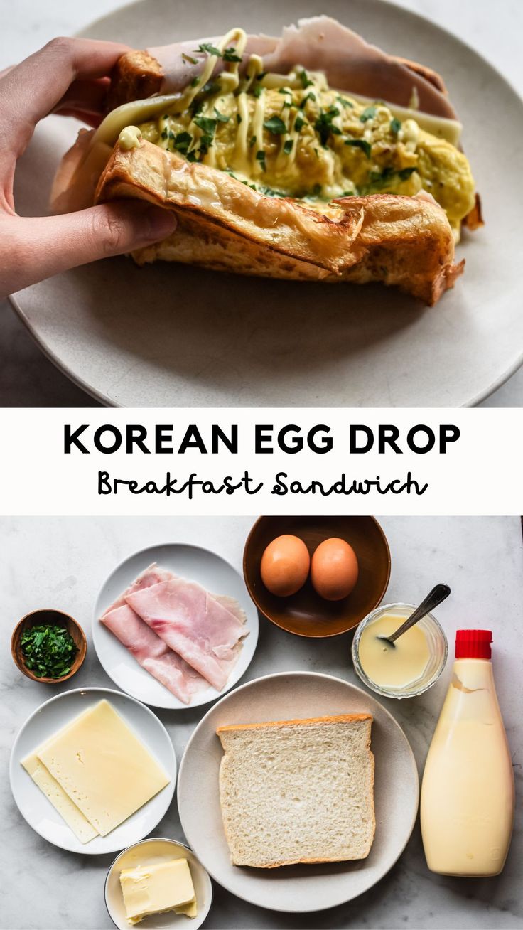 Korean egg drop sandwich with ingredients Japanese Breakfast Sandwich, Sandwich Recipes With Egg, Egg Drop Sandwich Recipe, Korean Breakfast Sandwich, Korean Breakfast Recipe, Korean Egg Toast, Korean Egg Sandwich, Korean Egg Drop Sandwich, Korean Egg Drop