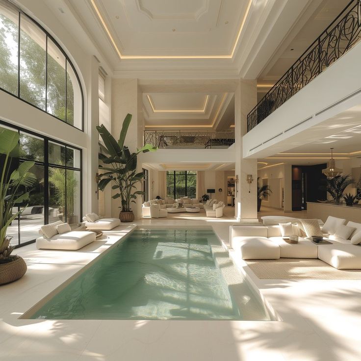 an indoor swimming pool in the middle of a large living room with lots of windows