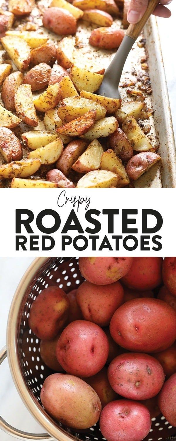 potatoes in a colander with text overlay that reads crispy roasted red potatoes