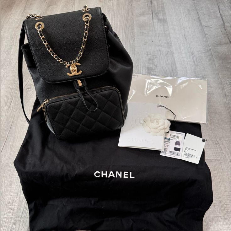 Chanel Backpack From The Fall/Winter 2020 Collection By Virginie Viard Black. Gold-Tone Hardware. Chain-Link Handle & Dual Adjustable Shoulder Straps. Dual Exterior Pockets. Twill Lining & Single Interior Pocket. Turn-Lock Closure At Front. Includes Box, Dust Bag & Authenticity Card. Purchased On Therealreal Used A Few Times, Now Selling. Chanel Backpack, Chanel Bag, Chain Link, Dust Bag, Fall Winter, Bag Lady, Chanel, Backpacks, Chain