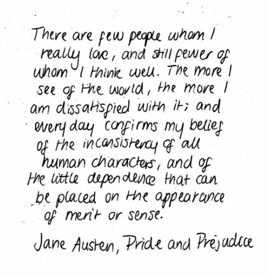 a handwritten note from jane auston pride and peddle, which is written in black ink on white paper